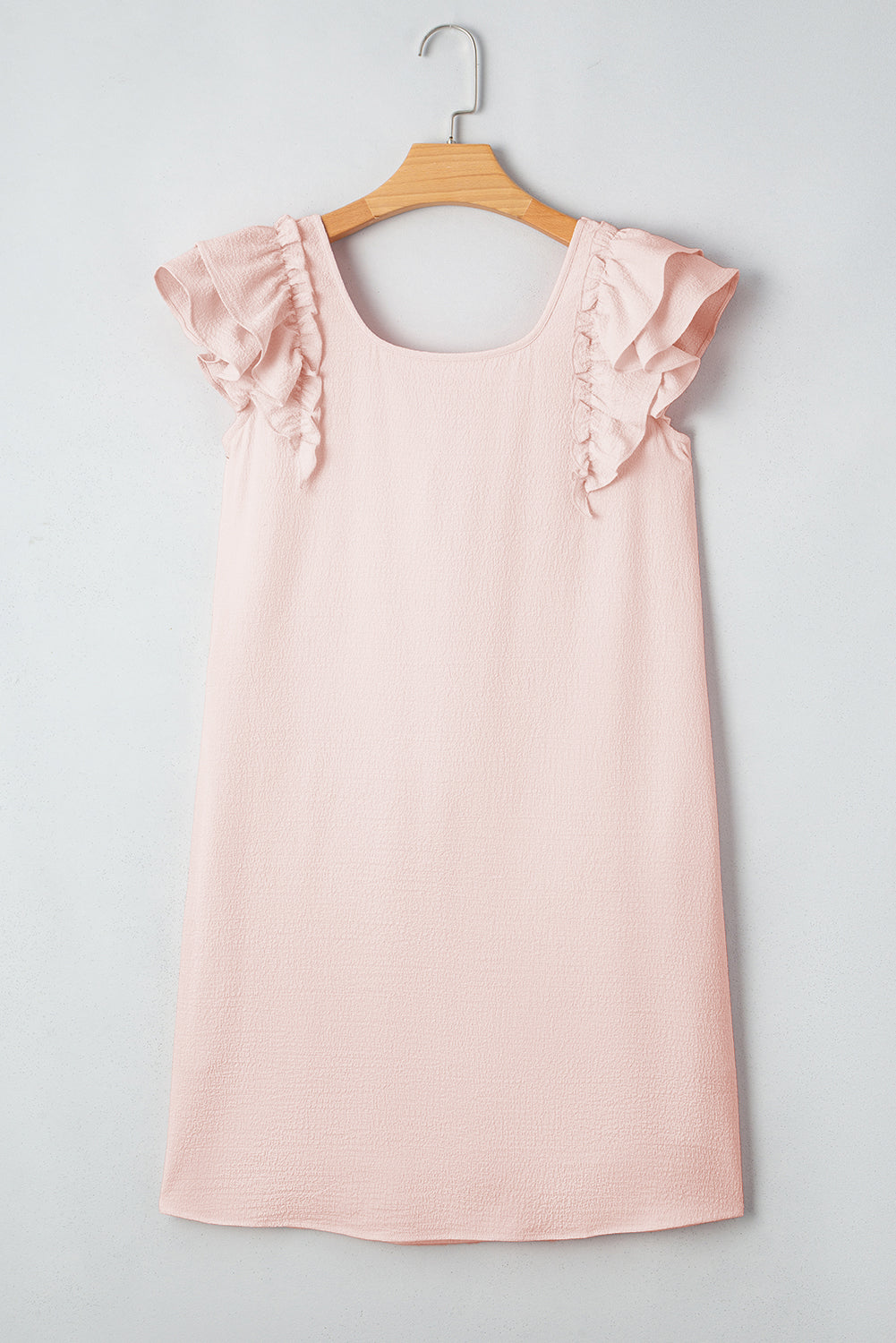 Light Pink Textured Flutter Sleeve Square Neck Bow Back Mini Dress S-XL