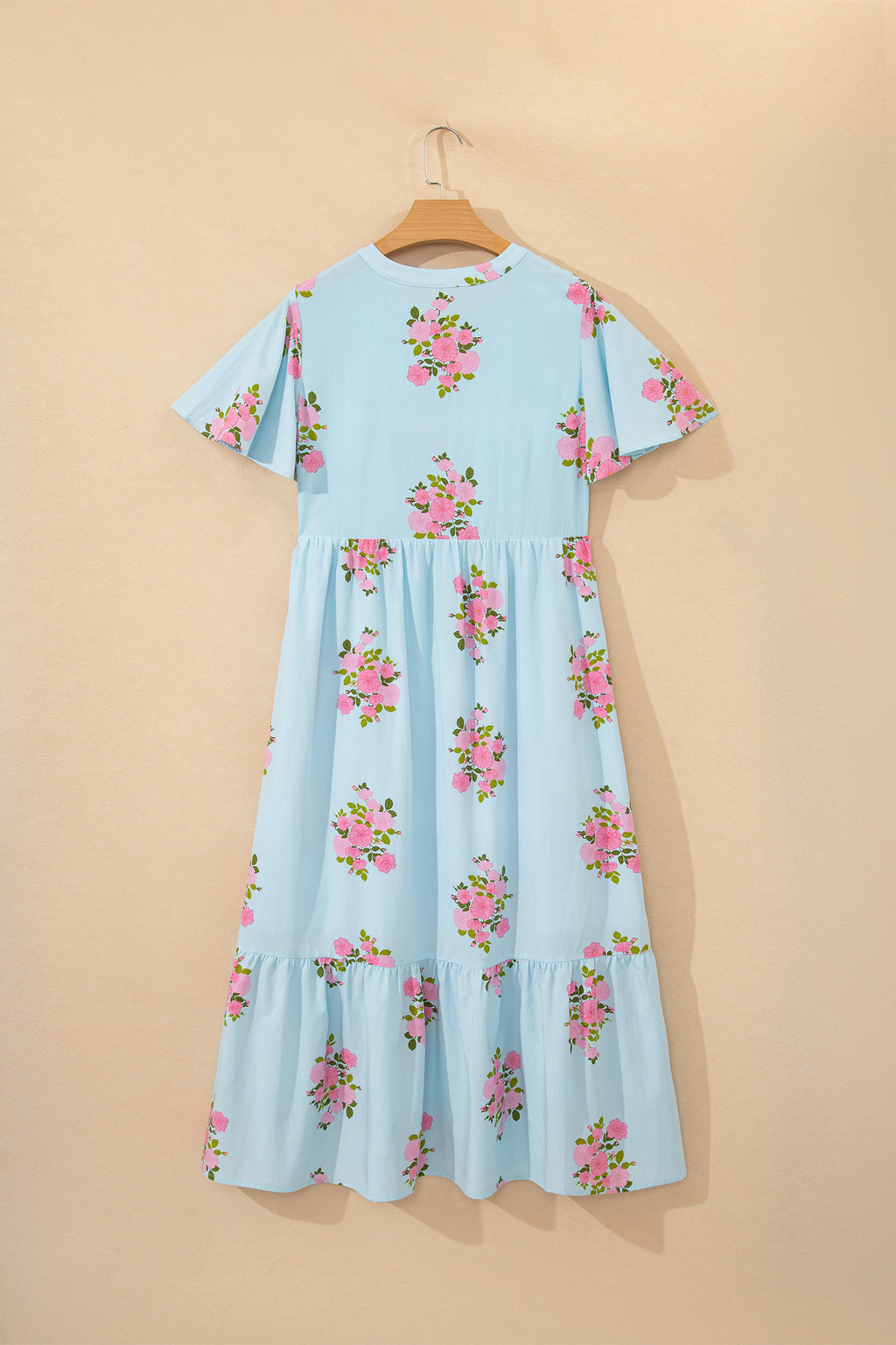 LivelyLooks Women's Floral Maxi Dress Flutter Sleeve Notched Neck Summer Holiday Pink Blue women's fashion