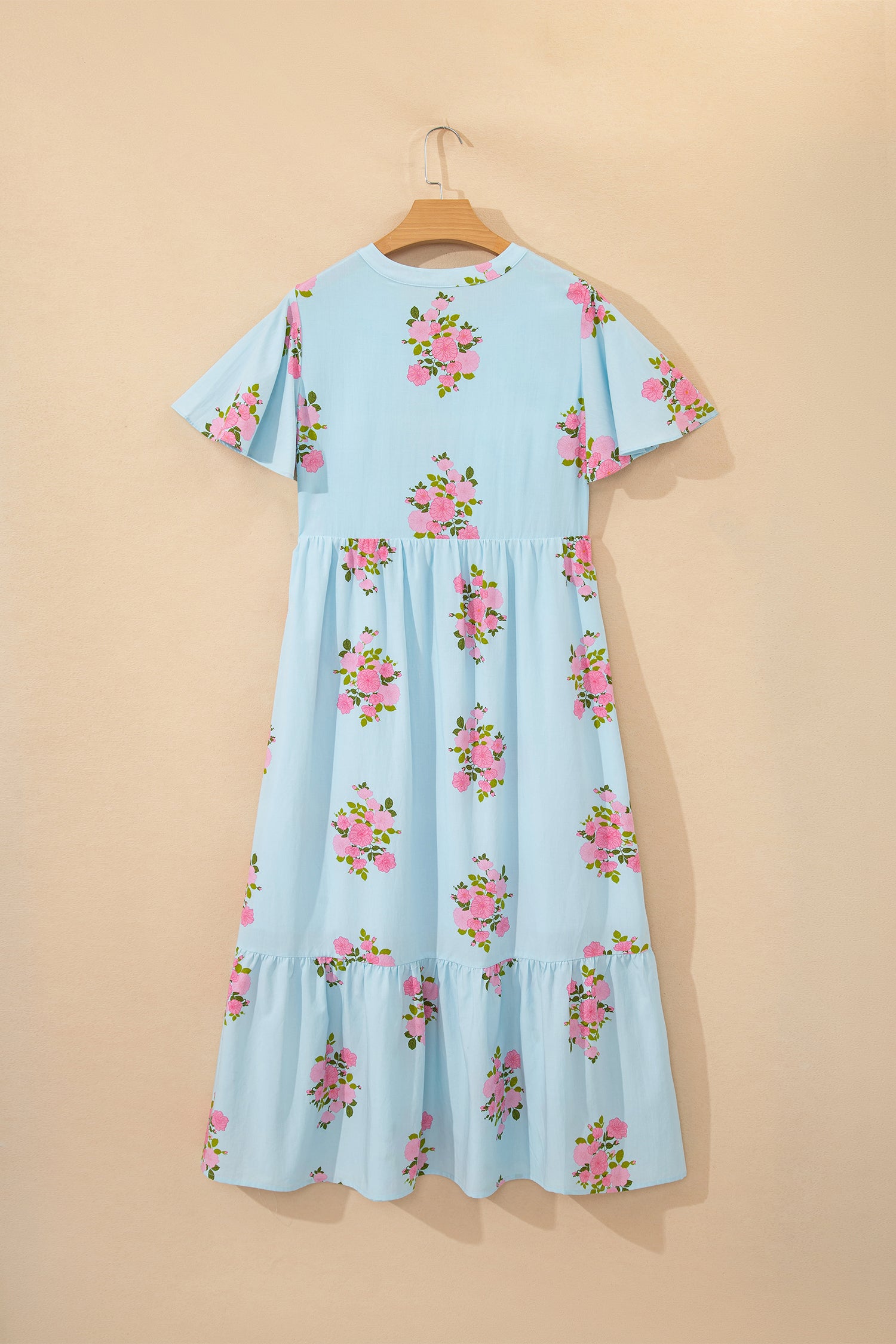 LivelyLooks Women's Floral Maxi Dress Flutter Sleeve Notched Neck Summer Holiday Pink Blue women's fashion