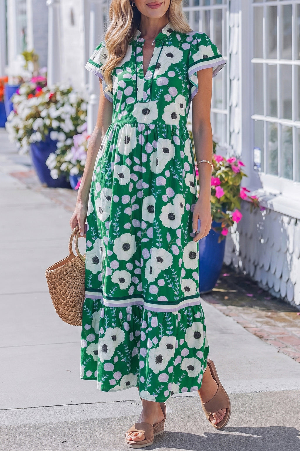 Women's Green Floral Maxi Dress V Neck Ruffle Sleeve Women S-XL at LivelyLooks