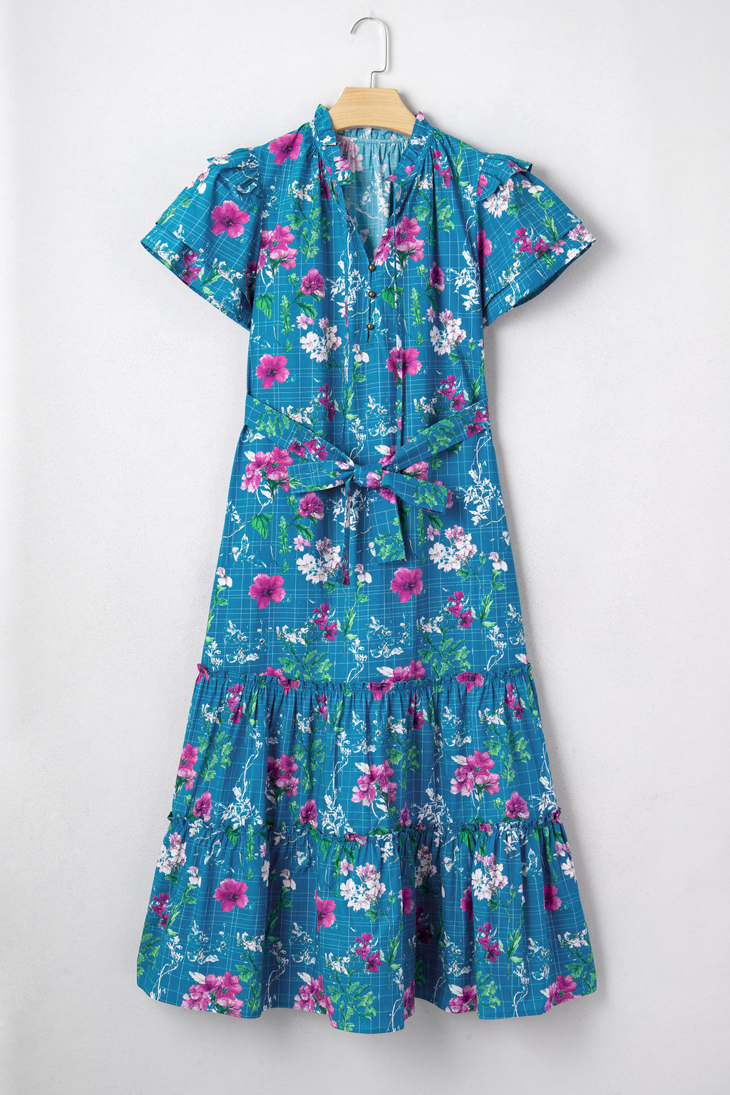 Blue Floral Flutter Sleeve Button Tie Split Neck Belted Long Dress S-XL