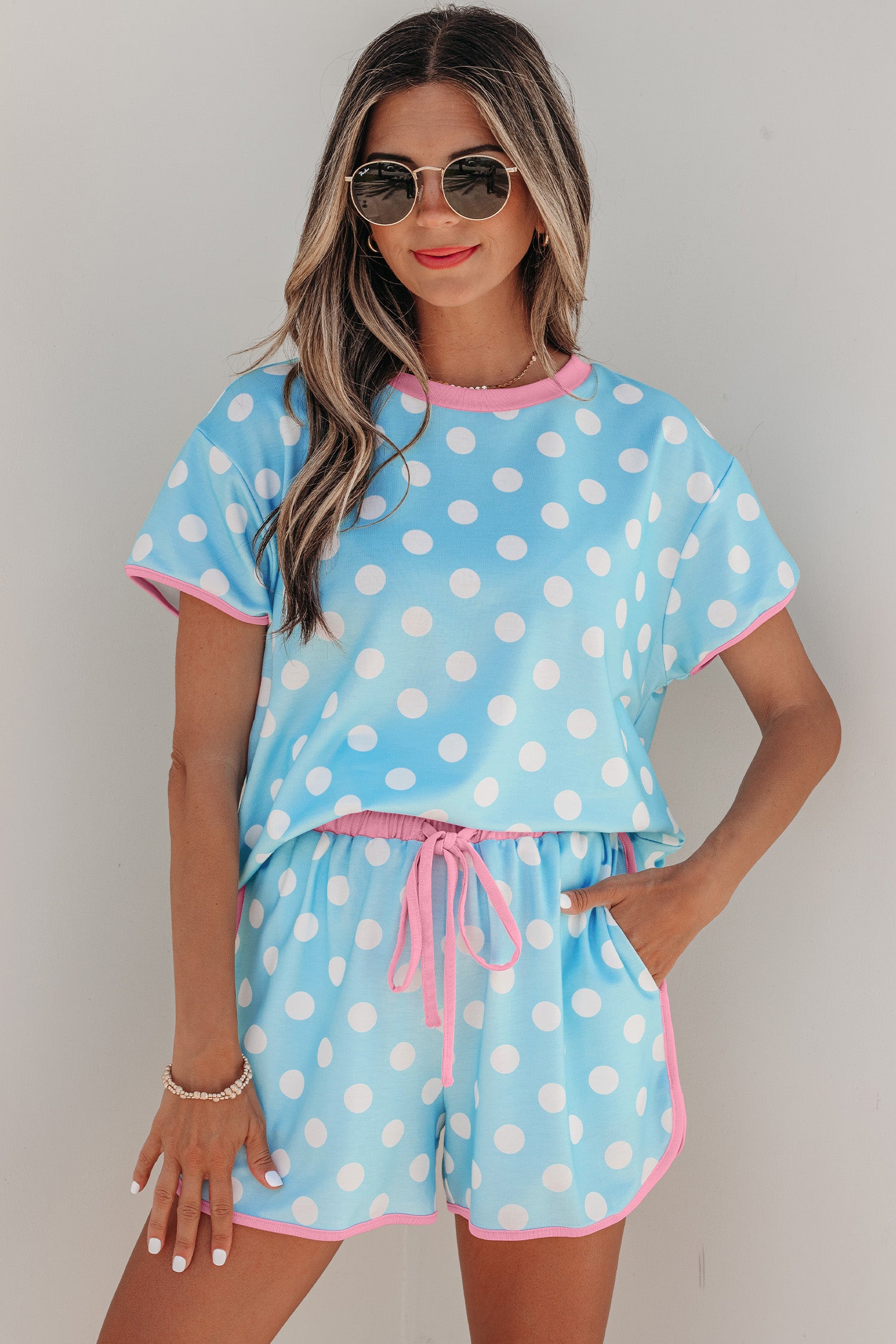 Polka Dot Contrast Edge Casual Short Set Pink Sky Blue Women S-XL