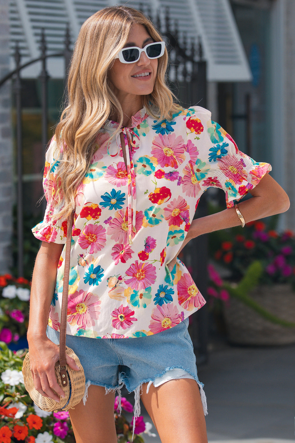 Beige Floral Blouse Tie V Neck Short Puff Sleeve Summer Women S-XL