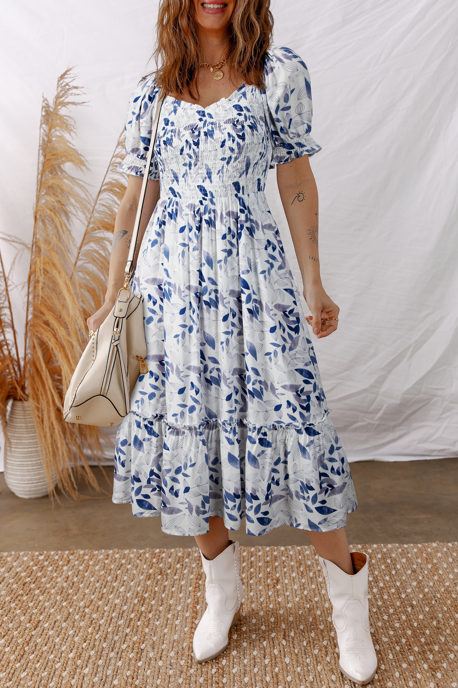 Sky Blue Floral Midi Dress Smocked Bodice Short Puff Sleeve Tiered Women S-XL