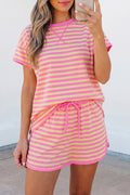 Striped Short Sleeve Top & Mini Skirt Set – Pink & Blue