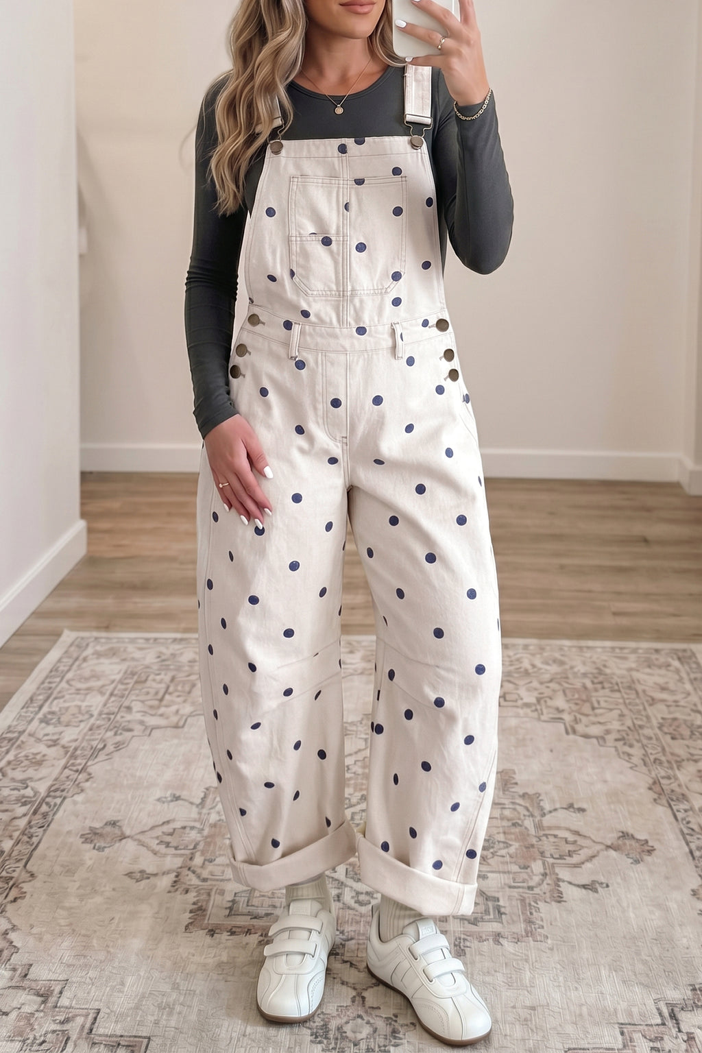 Polka Dot Denim Barrel Overalls Jumpsuit | Cream Beige Pink UK 8–22