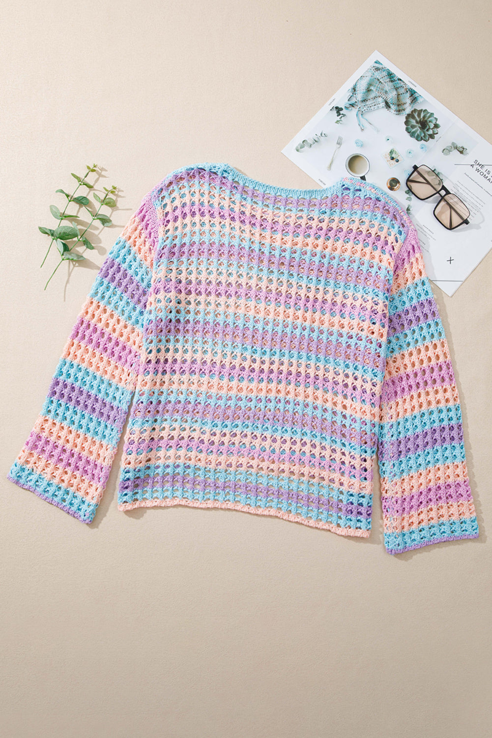 Women's Women's Stripe Open Knit Beach Cover Up Sweater | Orange & Purple | S-XL at LivelyLooks