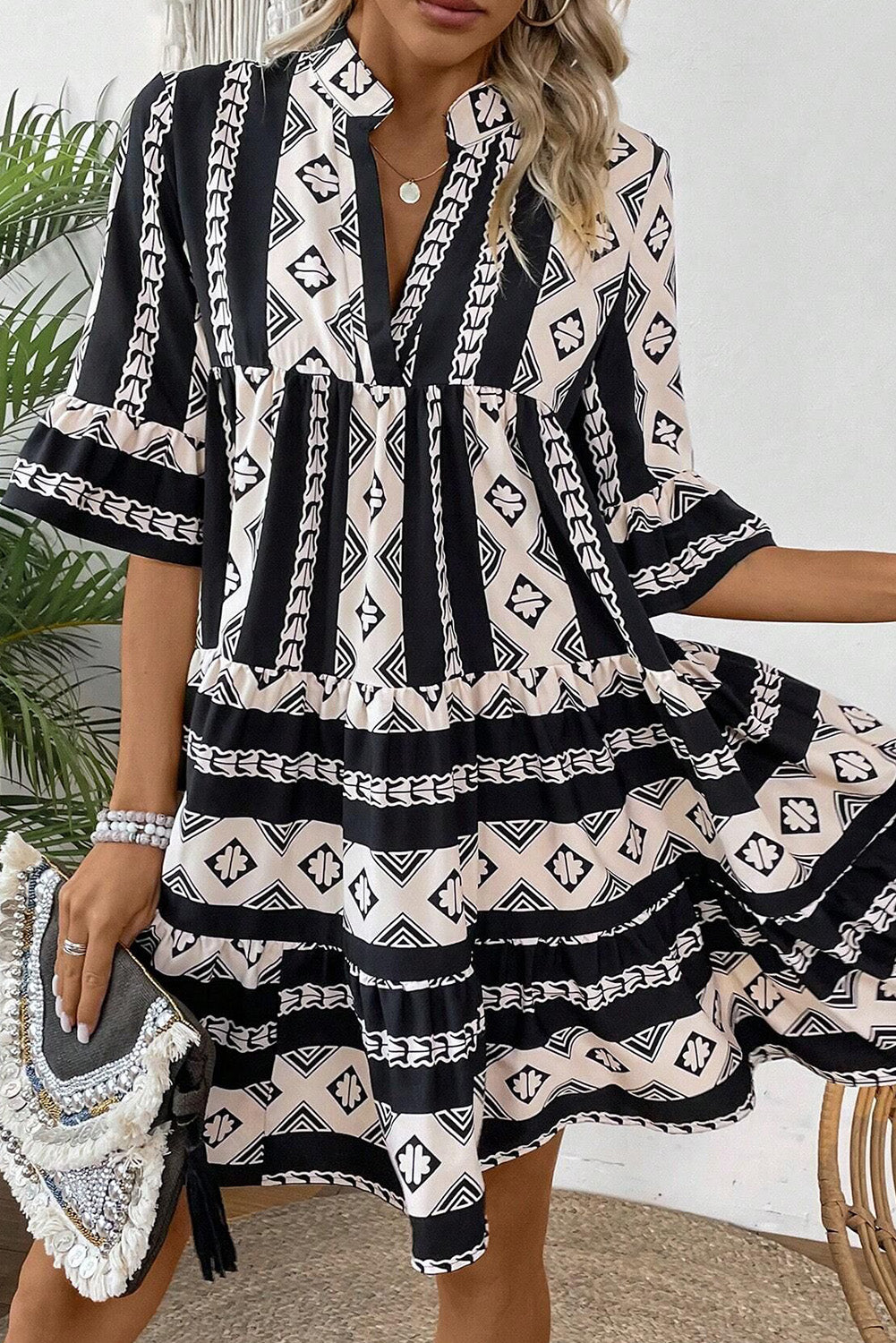 Black Geometric Print V-Neck Ruffle Sleeve Mini Dress | High Waist