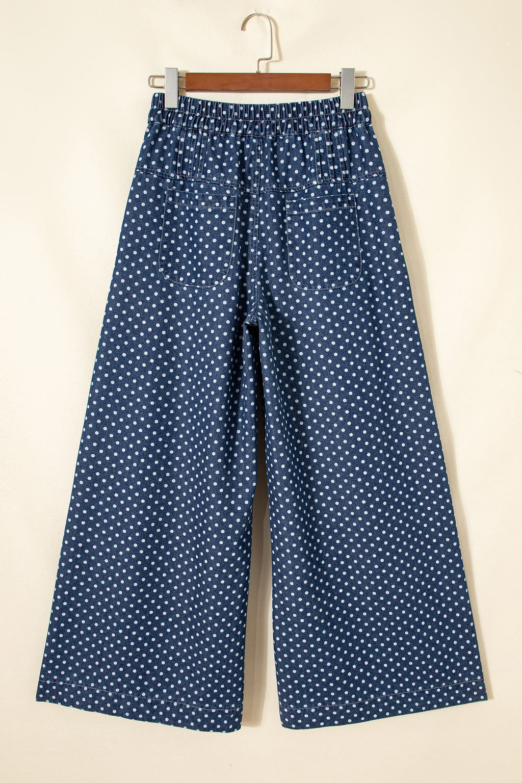 Women's Sky Blue Polka Dot Wide Leg Jeans High Waist Drawstring Button Detail at LivelyLooks