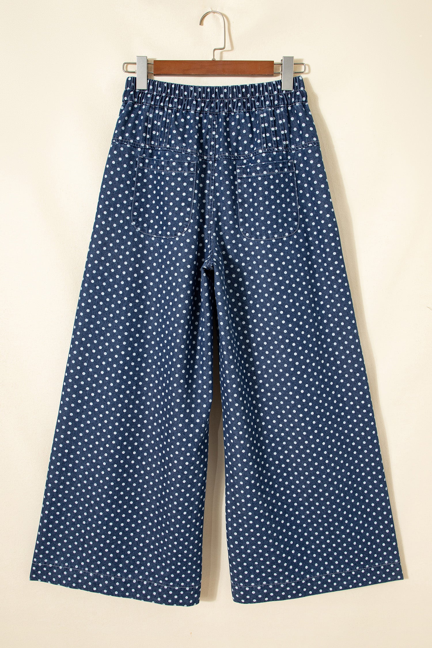 Women's Sky Blue Polka Dot Wide Leg Jeans High Waist Drawstring Button Detail at LivelyLooks