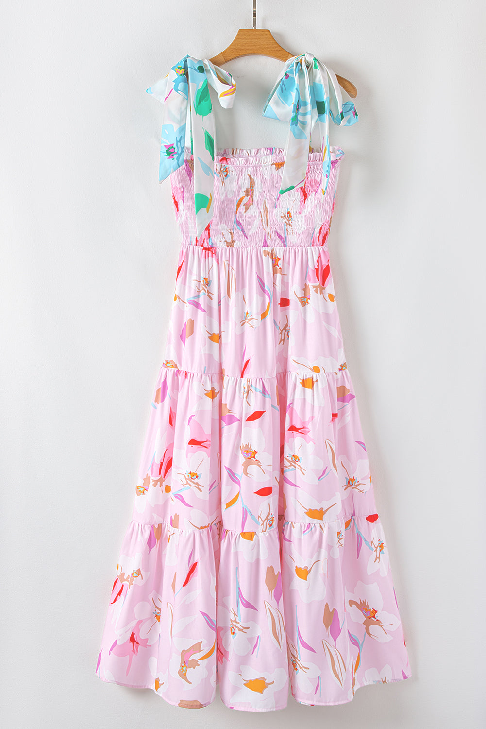 LivelyLooks Pink Floral Print Knotted Shoulder Smocked Maxi Dress Summer Boho Casual Sundress women's fashion