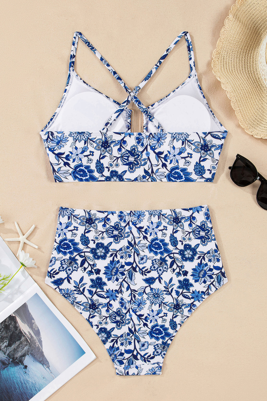 Blue Floral Print Hardware Accent Notched Neck High Waist Bikini Set