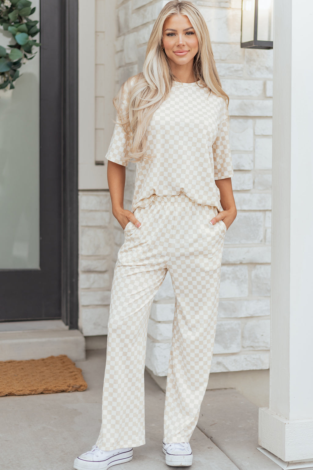 Women's Khaki Checkered Print Half Sleeve Tee & Wide Leg Lounge Pant Set | UK 8-22 at LivelyLooks