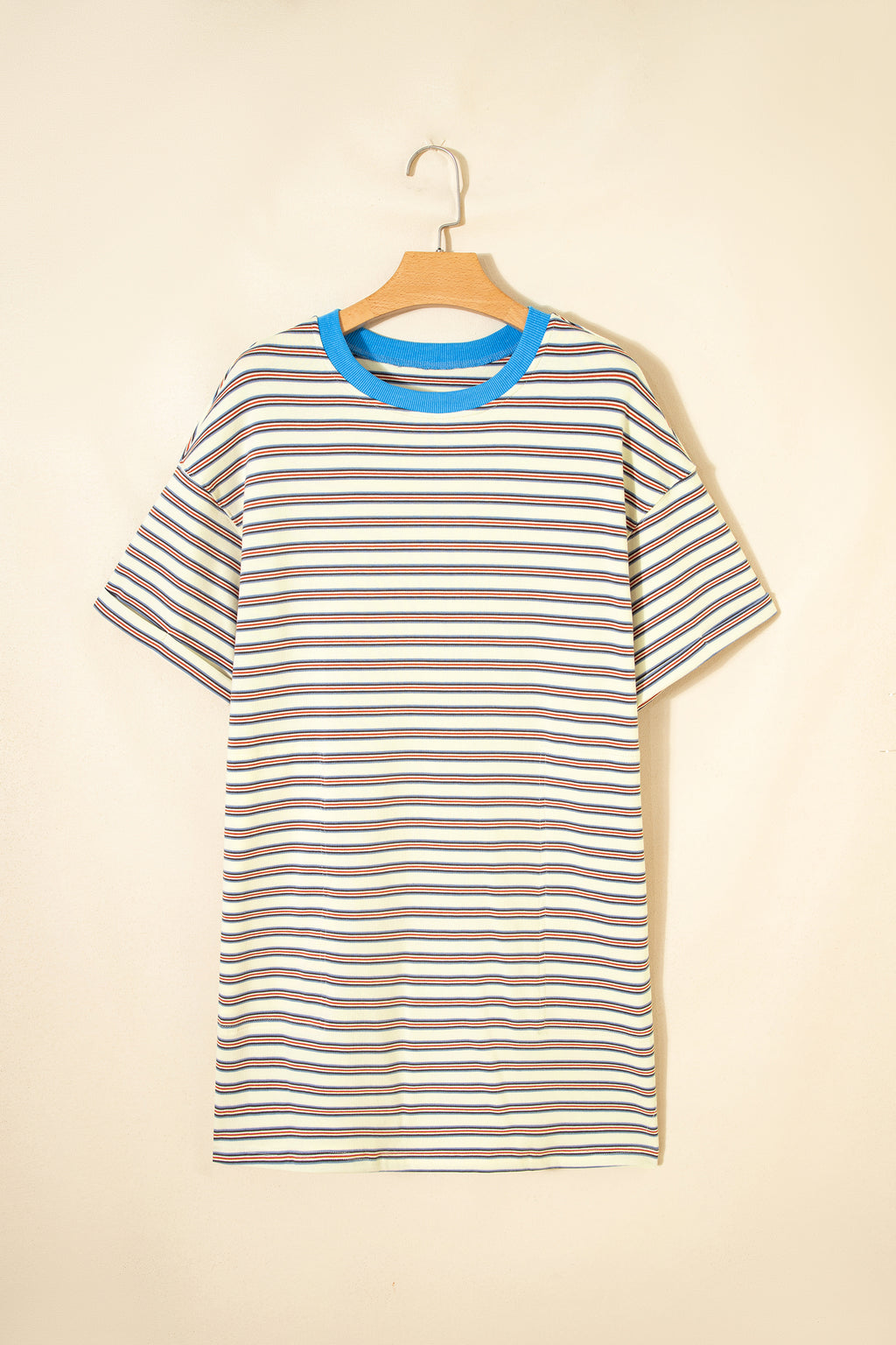 White Stripe Drop Shoulder Cuffed Sleeve Loose Tunic Mini Dress S-XL