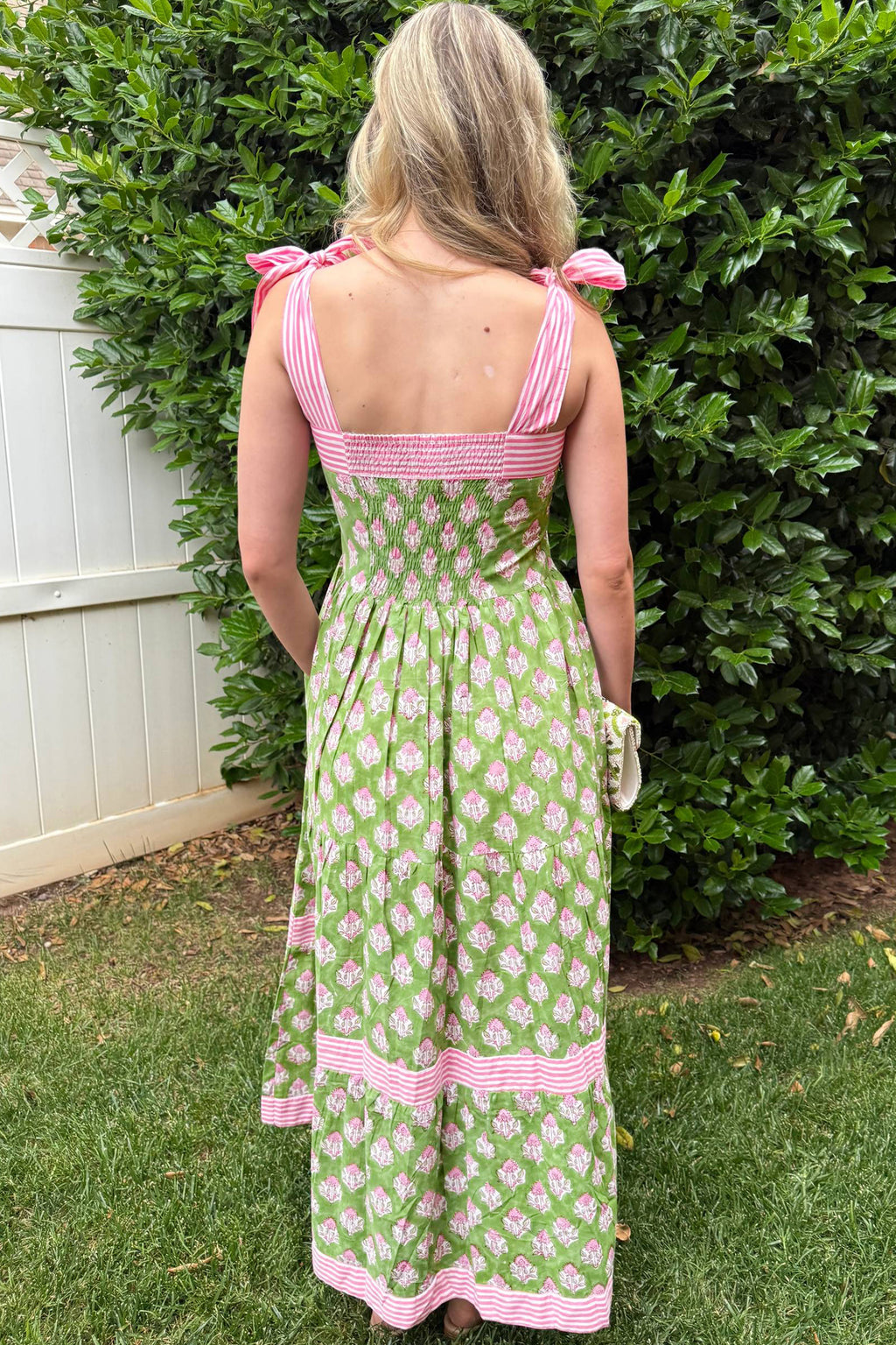 Women's Green Floral Print Striped Knot Strap Maxi Dress at LivelyLooks