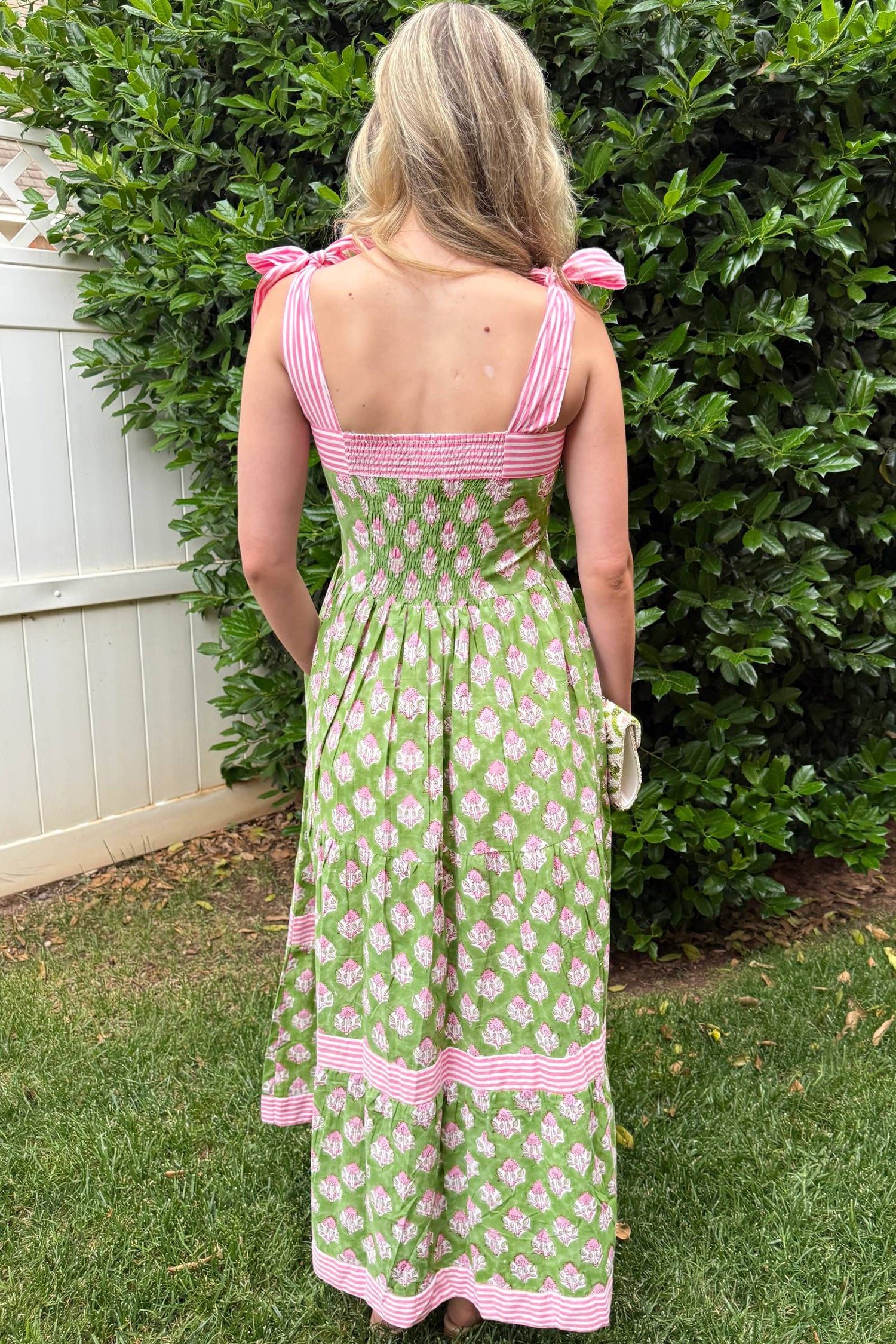 Women's Green Floral Print Striped Knot Strap Maxi Dress at LivelyLooks