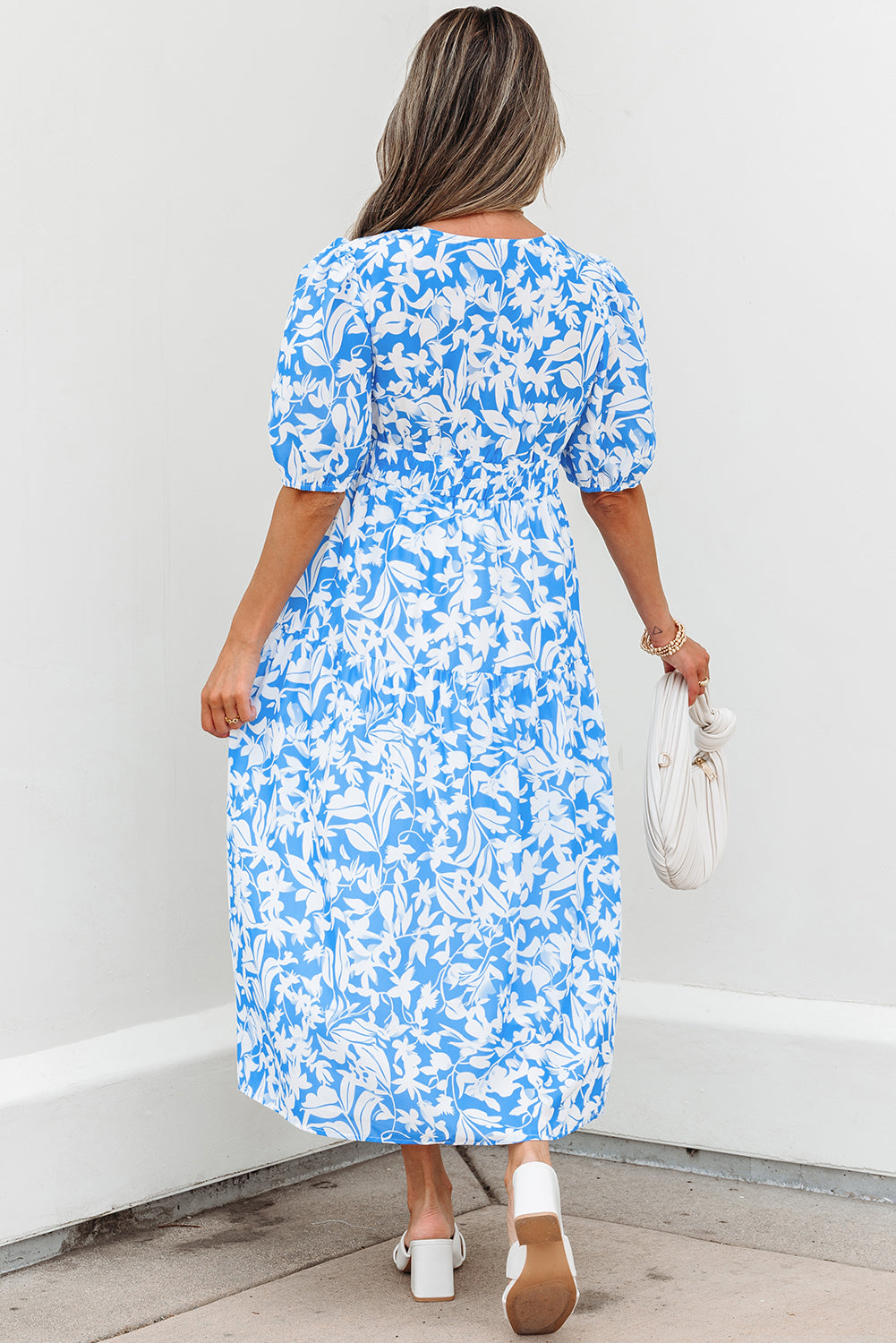 LivelyLooks Blue Floral V-Neck Puff Sleeve Fit & Flare Maxi Dress women's fashion