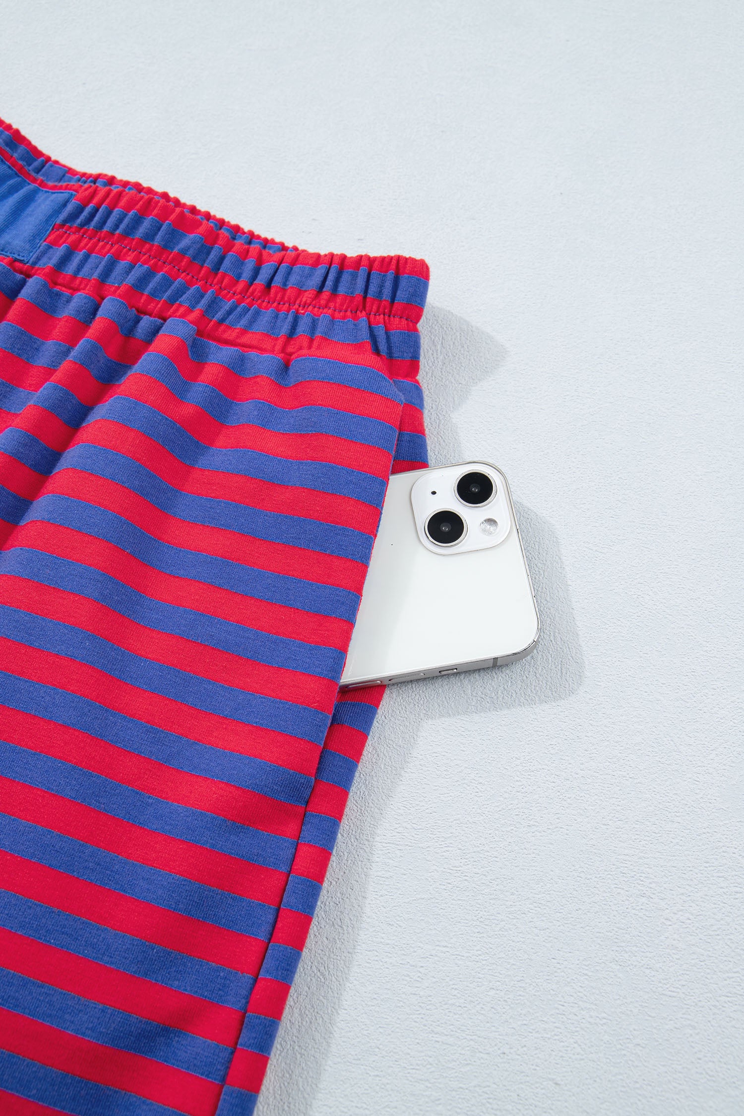 Striped Ribbed Cotton Short Set with Chest Patch Detail | Blue & Navy Stripe