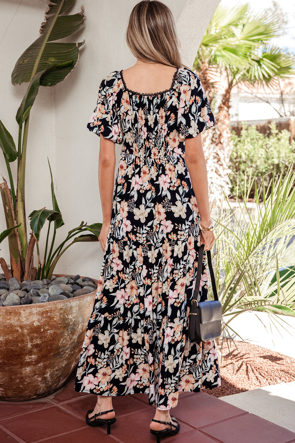 Women's Blue Floral Smocked High Waist Short Sleeve Maxi Dress at LivelyLooks