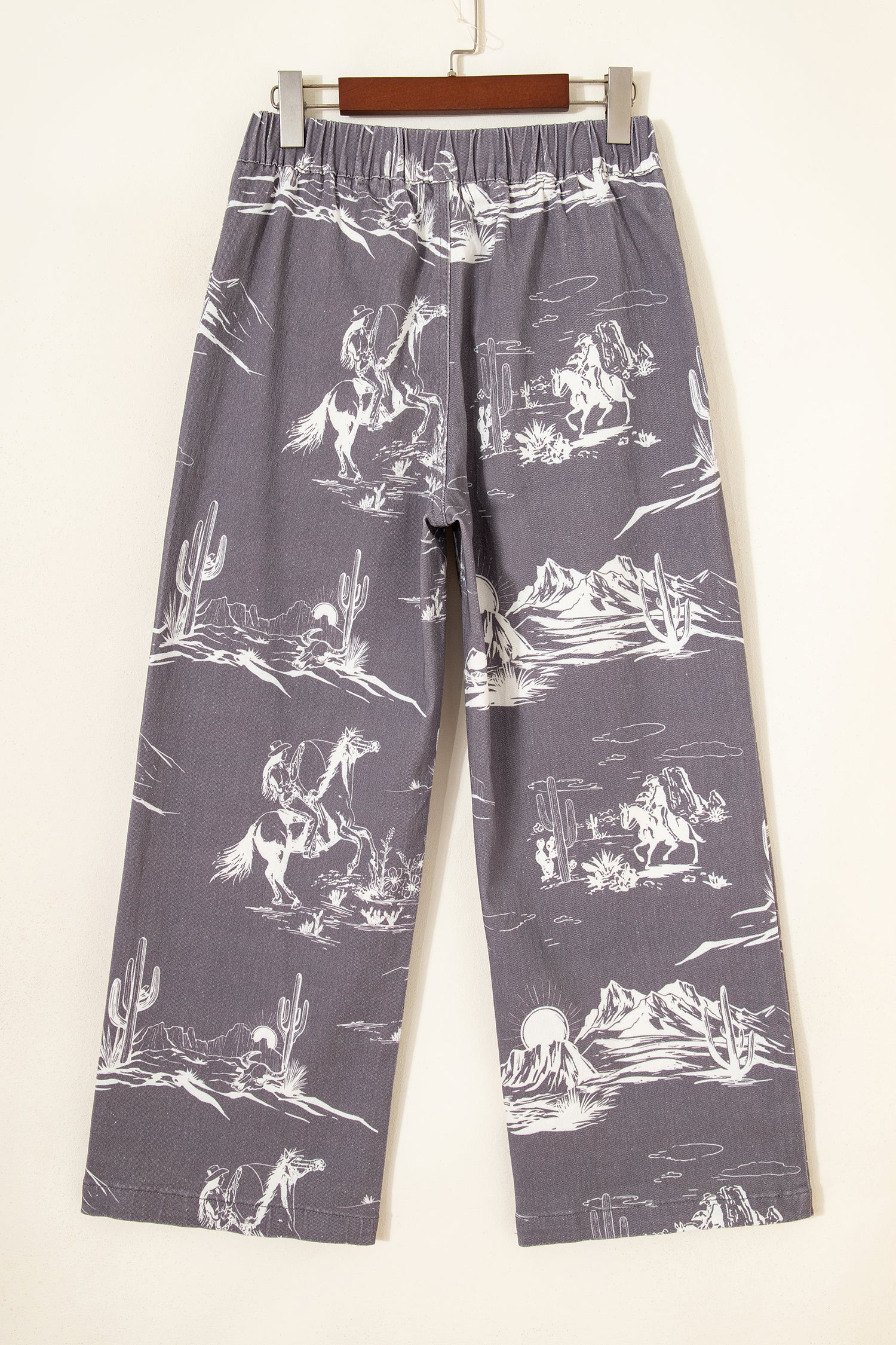 Women's Grey Wild West Print Straight Leg Jeans Elastic Waist UK 4-16