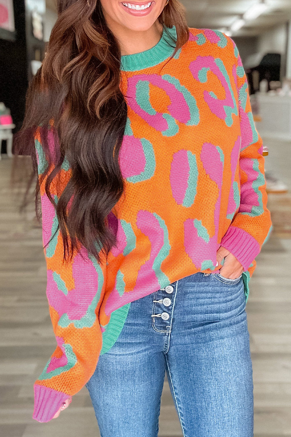 Orange Leopard Colourblock Ribbed Edge Sweater