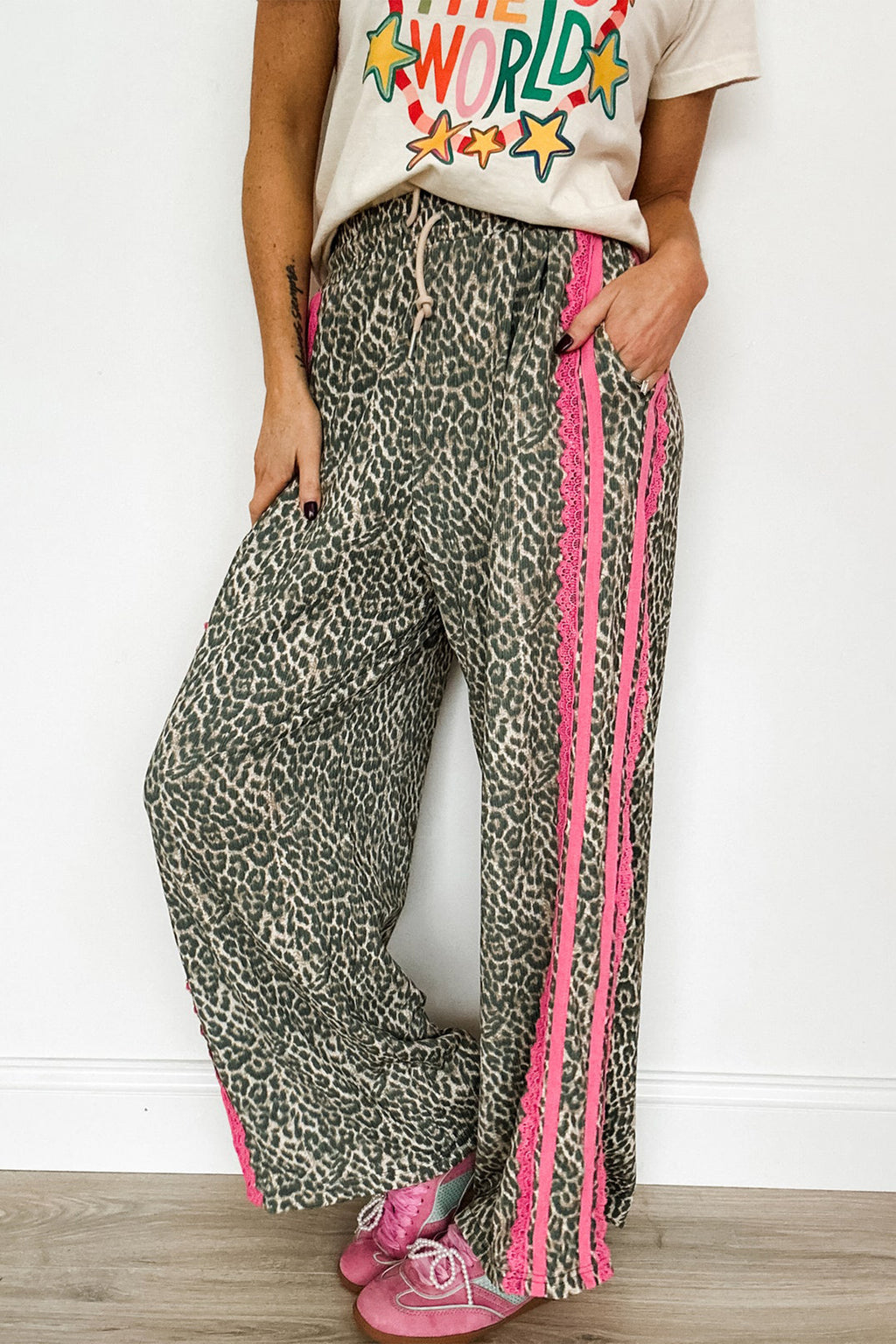 Leopard Print Lace Trim Drawstring Wide Leg Trousers – Brown