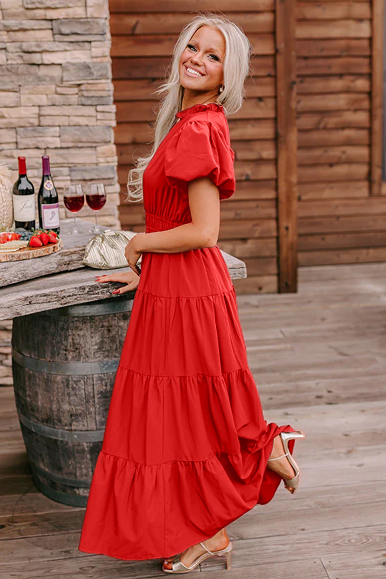 Women's Solid Colour V Neck Puff Sleeve High Waist Tiered Maxi Dress | S-XL at LivelyLooks