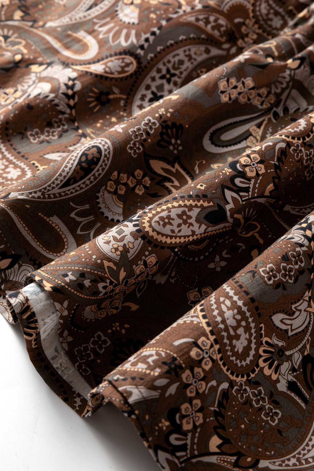 Brown Paisley Print Mini Dress Puff Sleeve Half Button Flowy Women S-XL