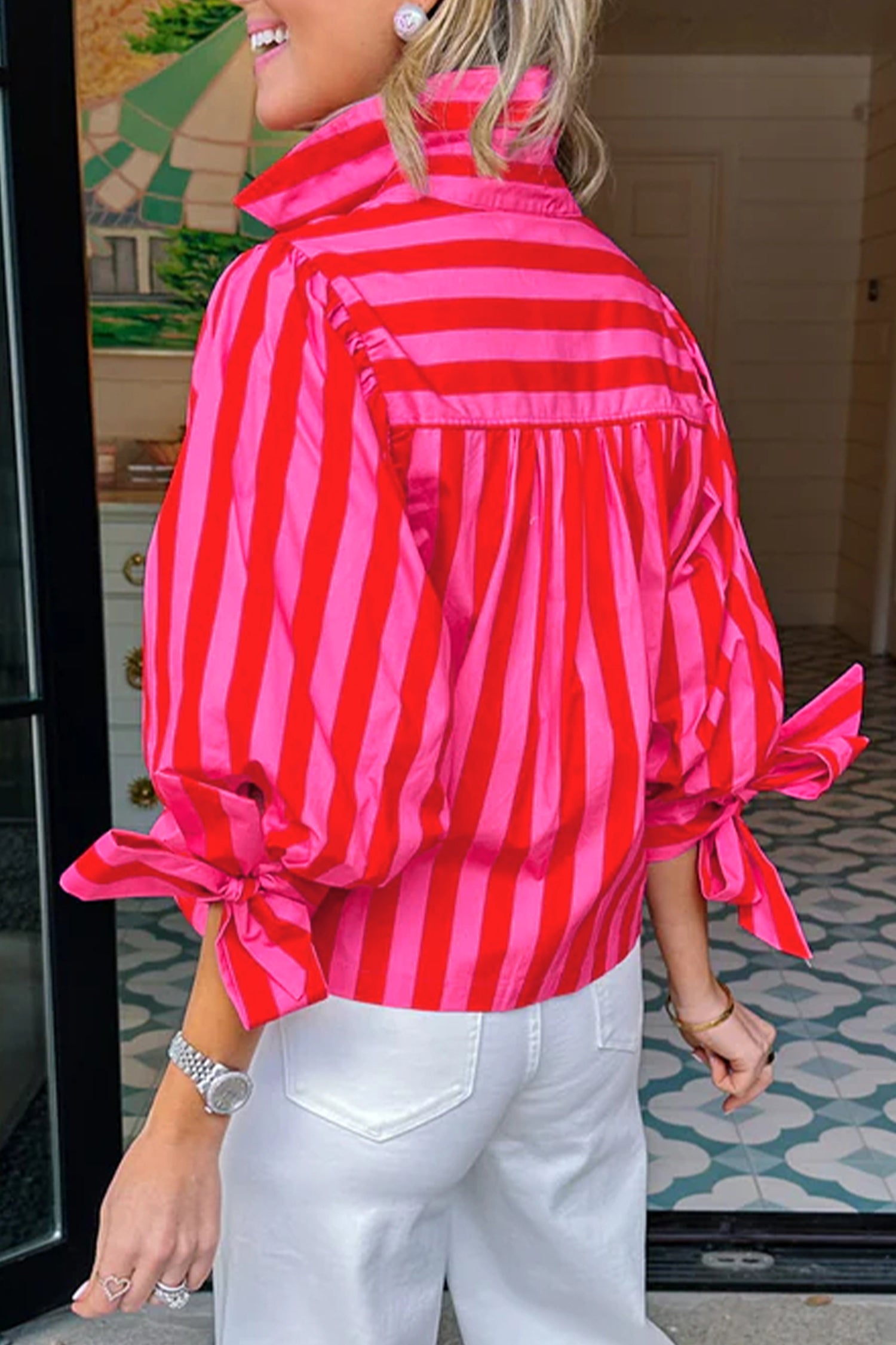 LivelyLooks Stripe Tie Puff Sleeve Women's Button Down Shirt women's fashion