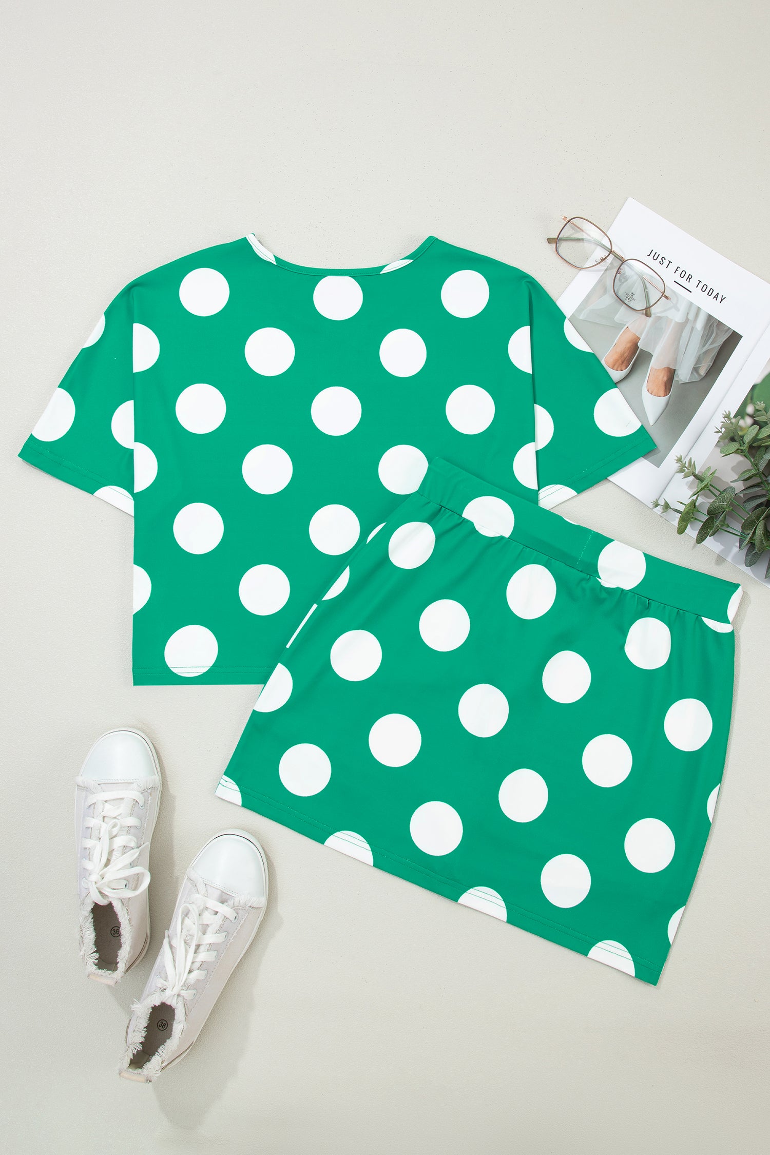Green Polka Dot 2pcs Set Cropped Tee Bodycon Skort Women S-XL