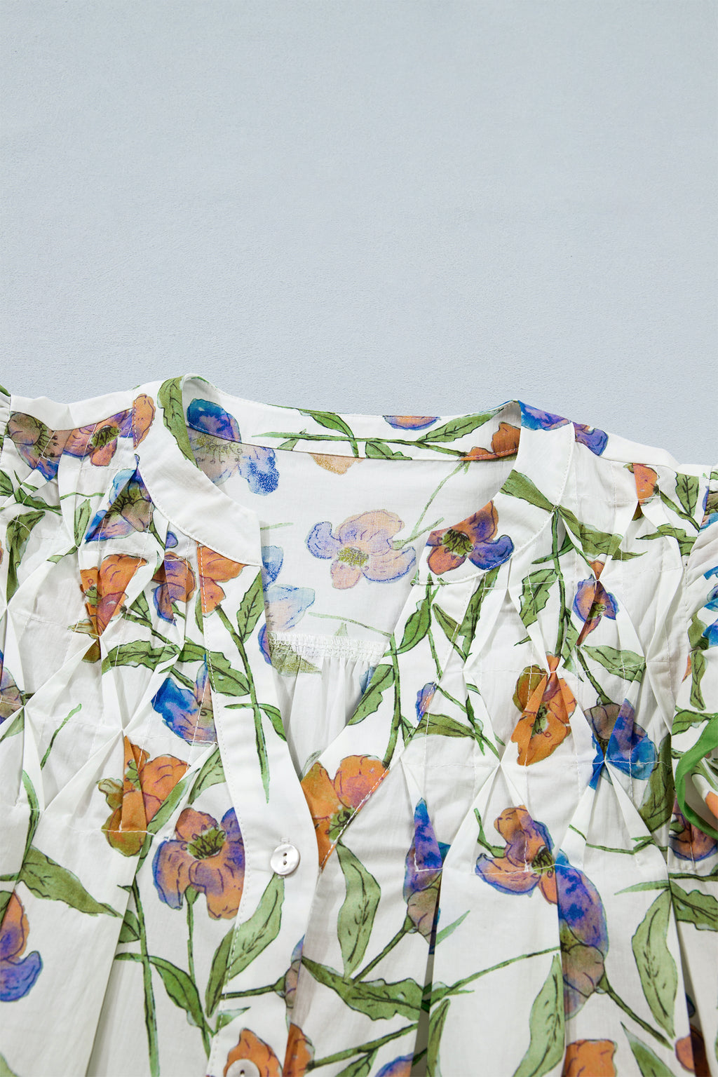 Women's Green Floral Ruffle V-Neck Pressed Pleats Cotton Blouse at LivelyLooks