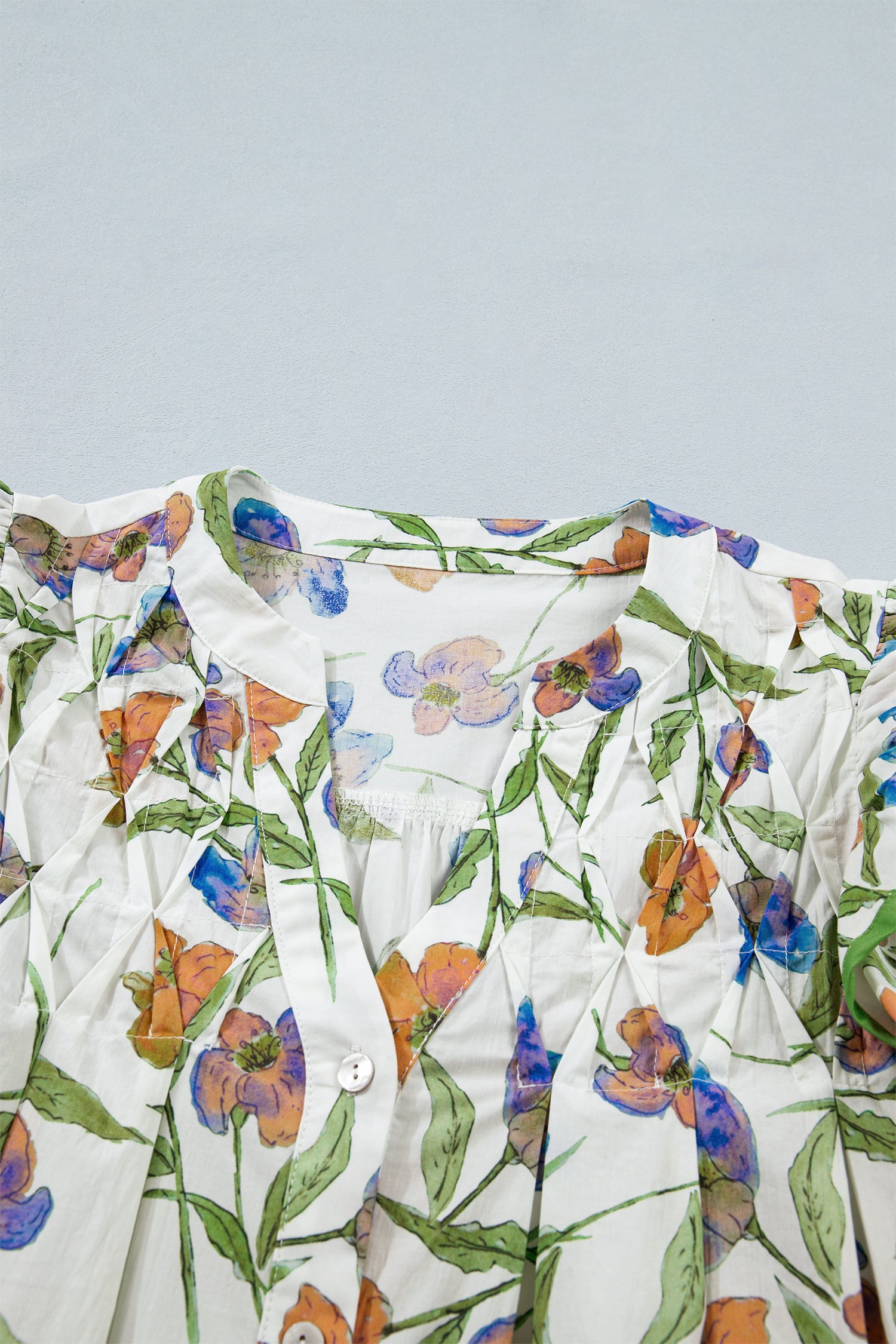 Women's Green Floral Ruffle V-Neck Pressed Pleats Cotton Blouse at LivelyLooks