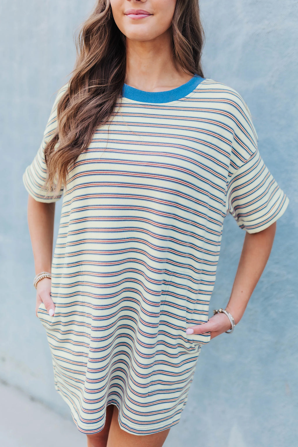 White Stripe Drop Shoulder Cuffed Sleeve Loose Tunic Mini Dress S-XL