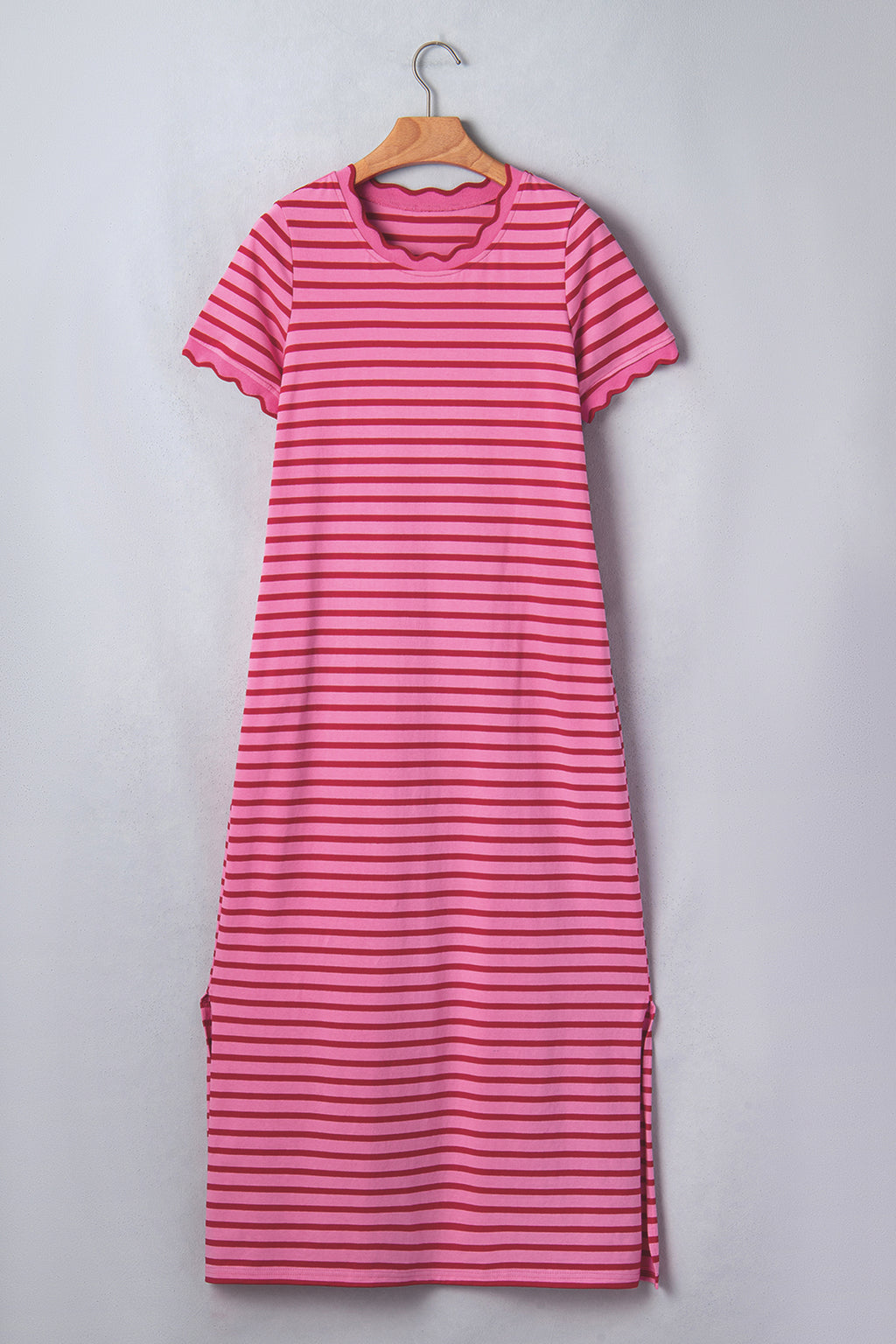 Rose Stripe Scalloped Trim Side Slit Short Sleeve T-Shirt Dress S-XL