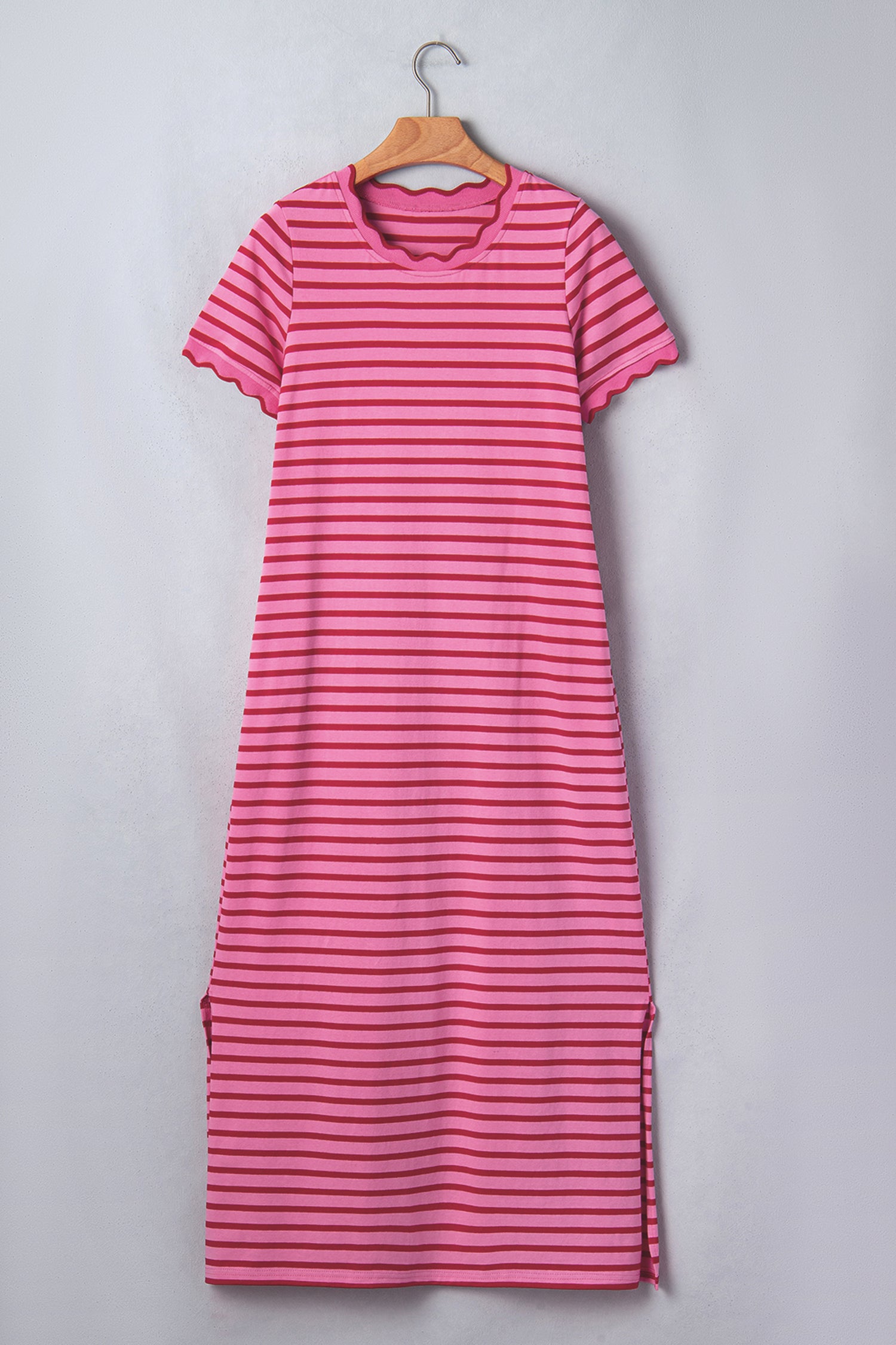Rose Stripe Scalloped Trim Side Slit Short Sleeve T-Shirt Dress S-XL