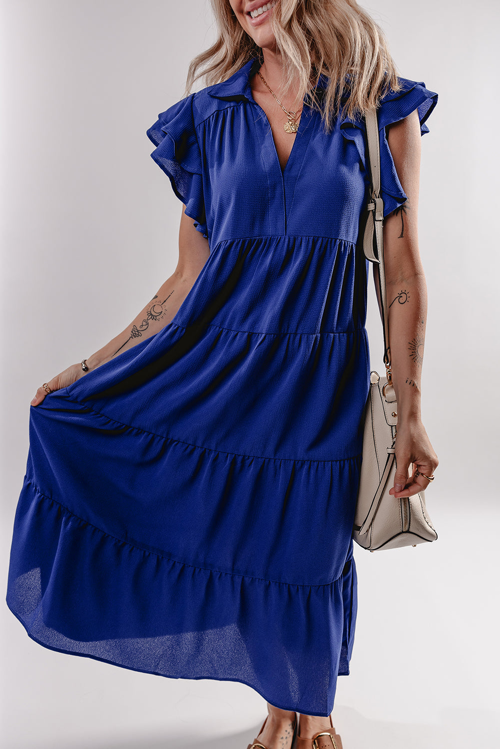 LivelyLooks Blue Ruffle Sleeve V-Neck Tiered Midi Dress Solid Collared S-XL women's fashion
