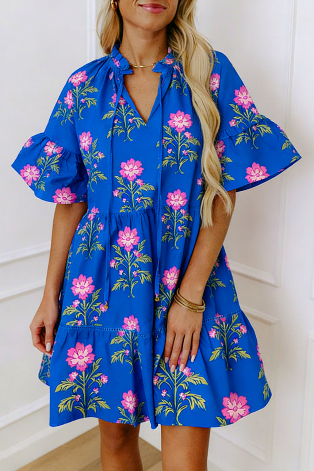 Blue V Neck Short Sleeve Loose Floral Maxi Dress S-XL