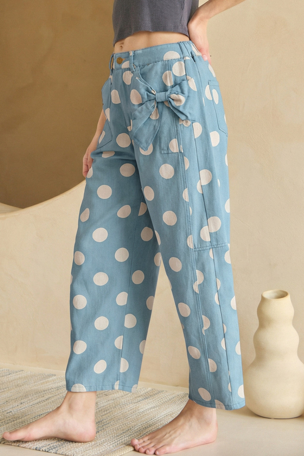 Polka Dot Print Bow Detail Pocketed Loose Jeans | White & Sky Blue