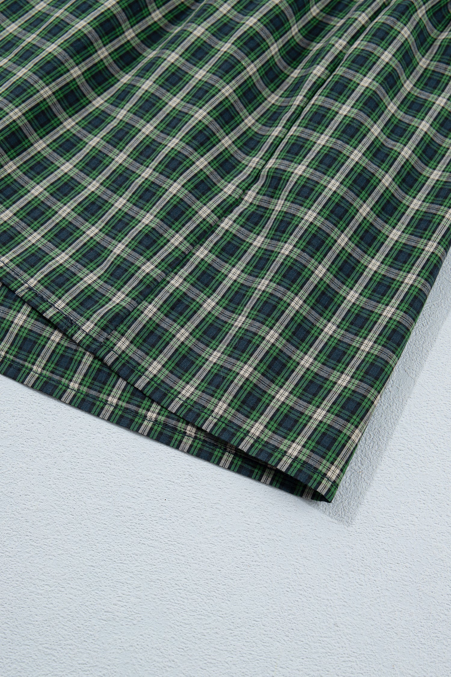 Green Plaid Square Neck Shirred Ruffle Hem Mini Dress S-XL