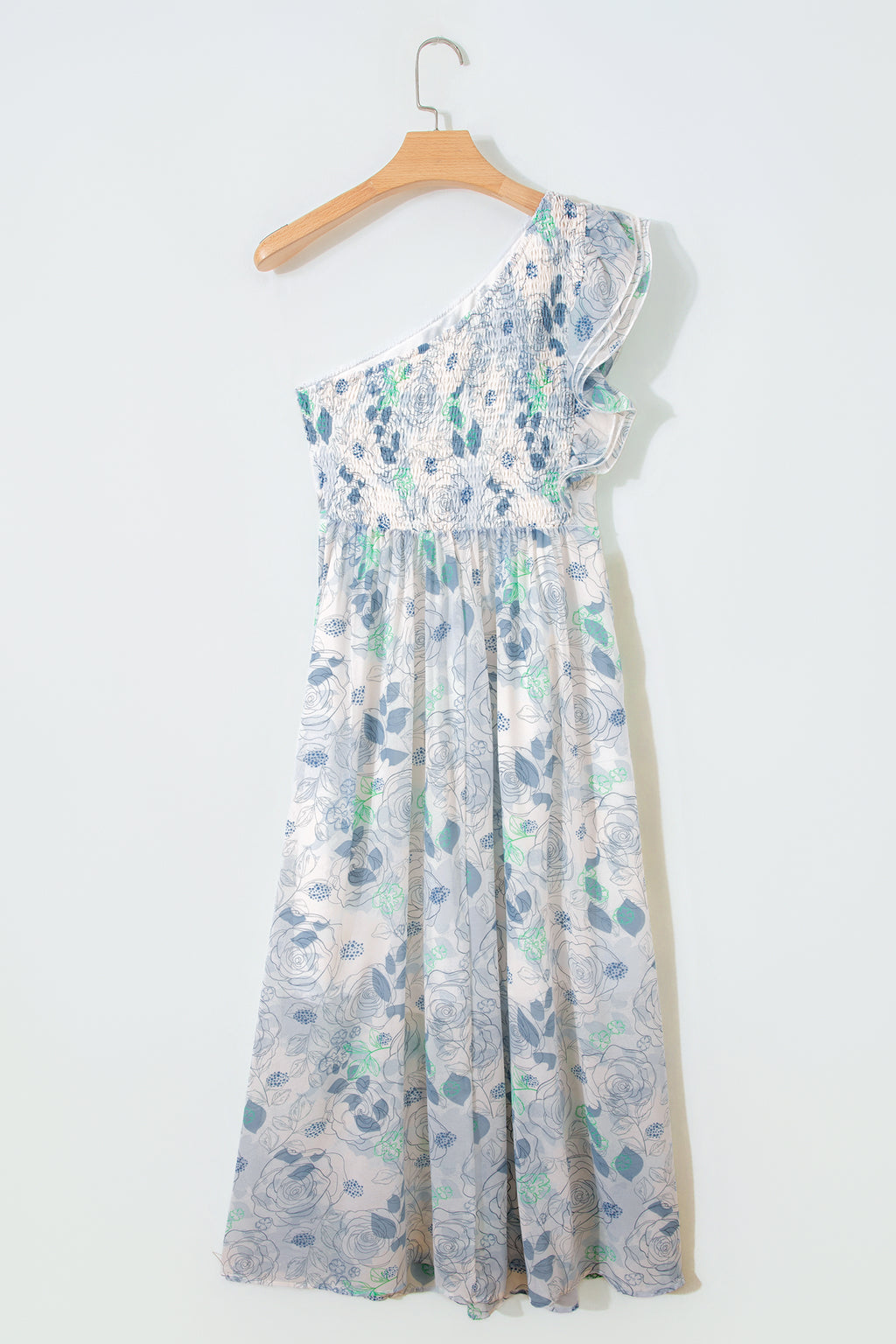 Sky Blue Floral One Shoulder Maxi Dress | Ruffle Sleeveless with Pockets