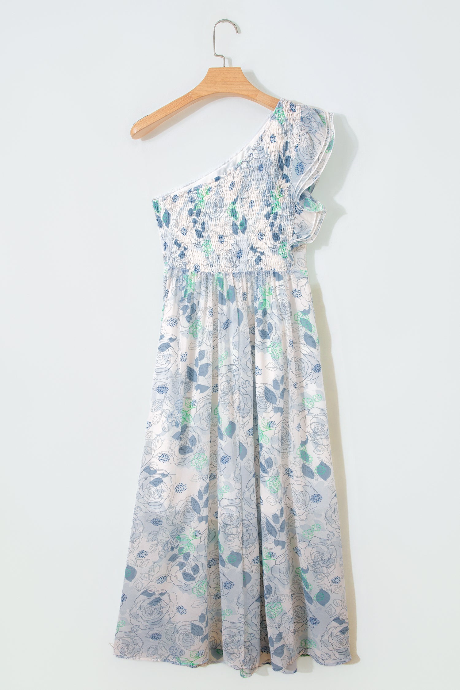Sky Blue Floral One Shoulder Maxi Dress | Ruffle Sleeveless with Pockets