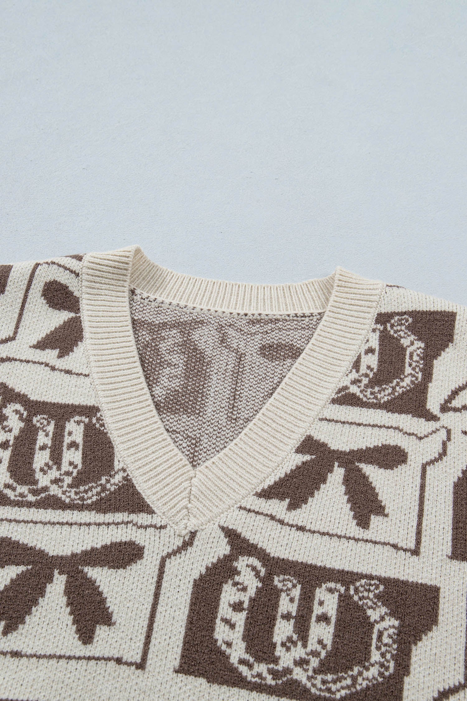 Women's Brown Western Horseshoe Bow Print V Neck Loose Sweater Vest at LivelyLooks