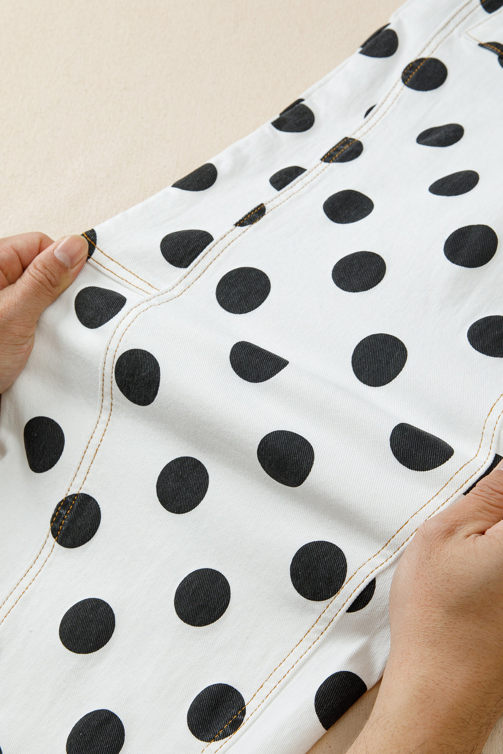 Polka Dot Print Bow Detail Pocketed Loose Jeans | White & Sky Blue
