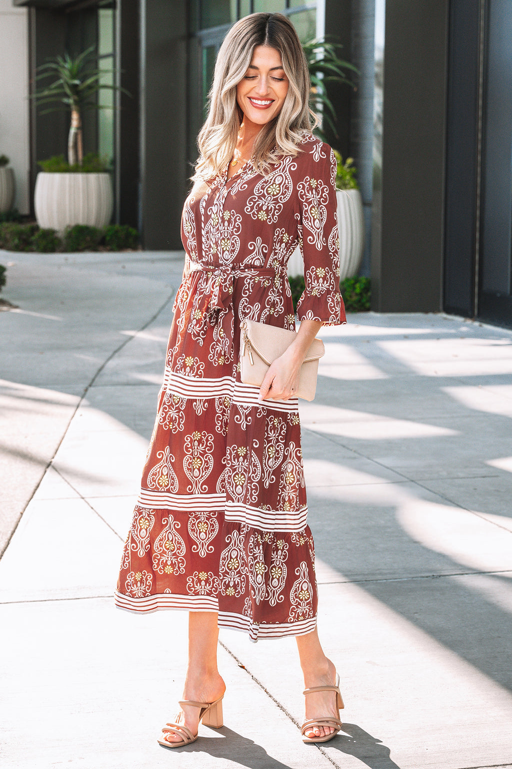 Brown Floral Print Belted Striped Trim Tiered Maxi Dress | Boho Summer
