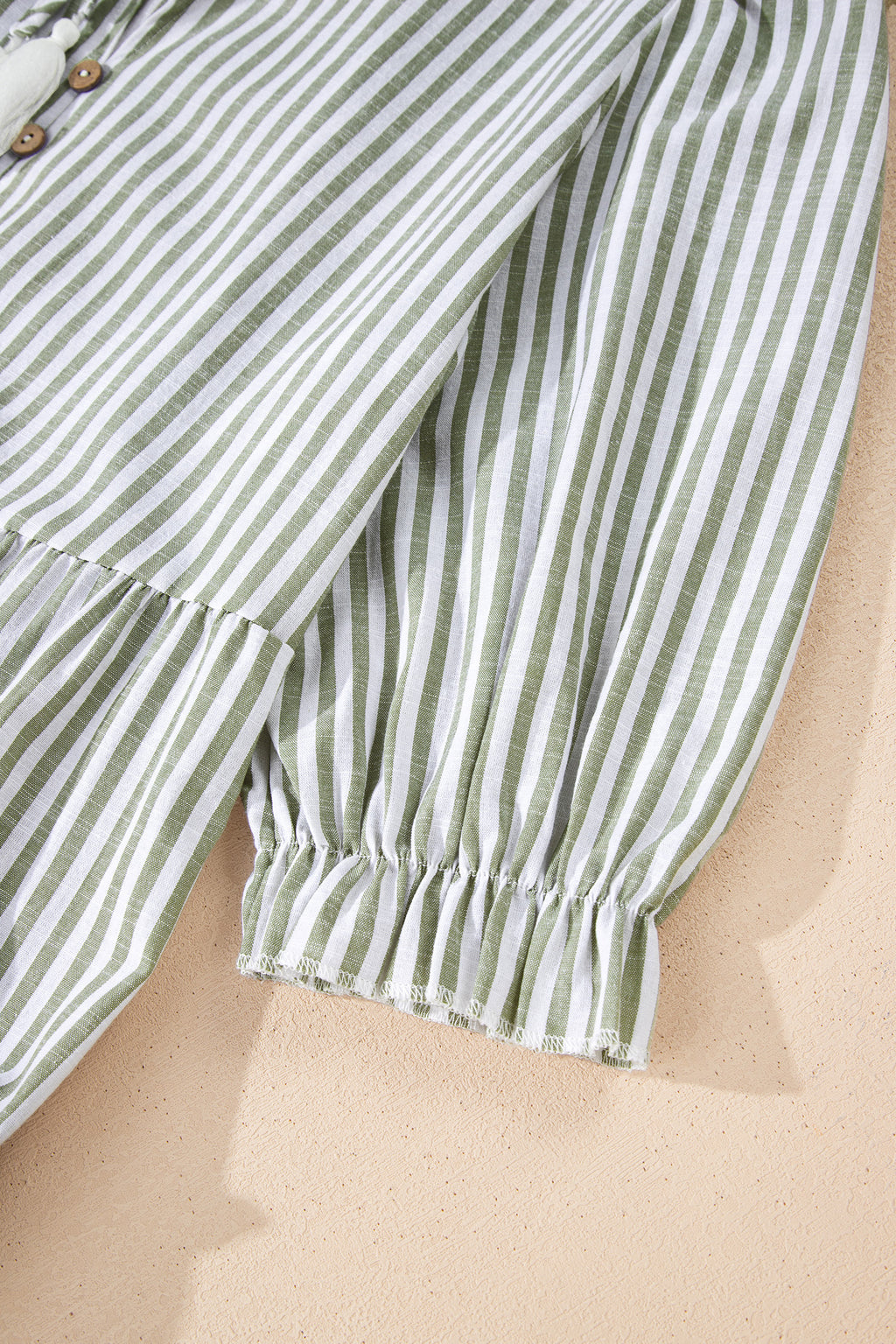 Green Stripe Tiered Dress Tasseled Tie Neck Ruffled Short Sleeve Women S-XL