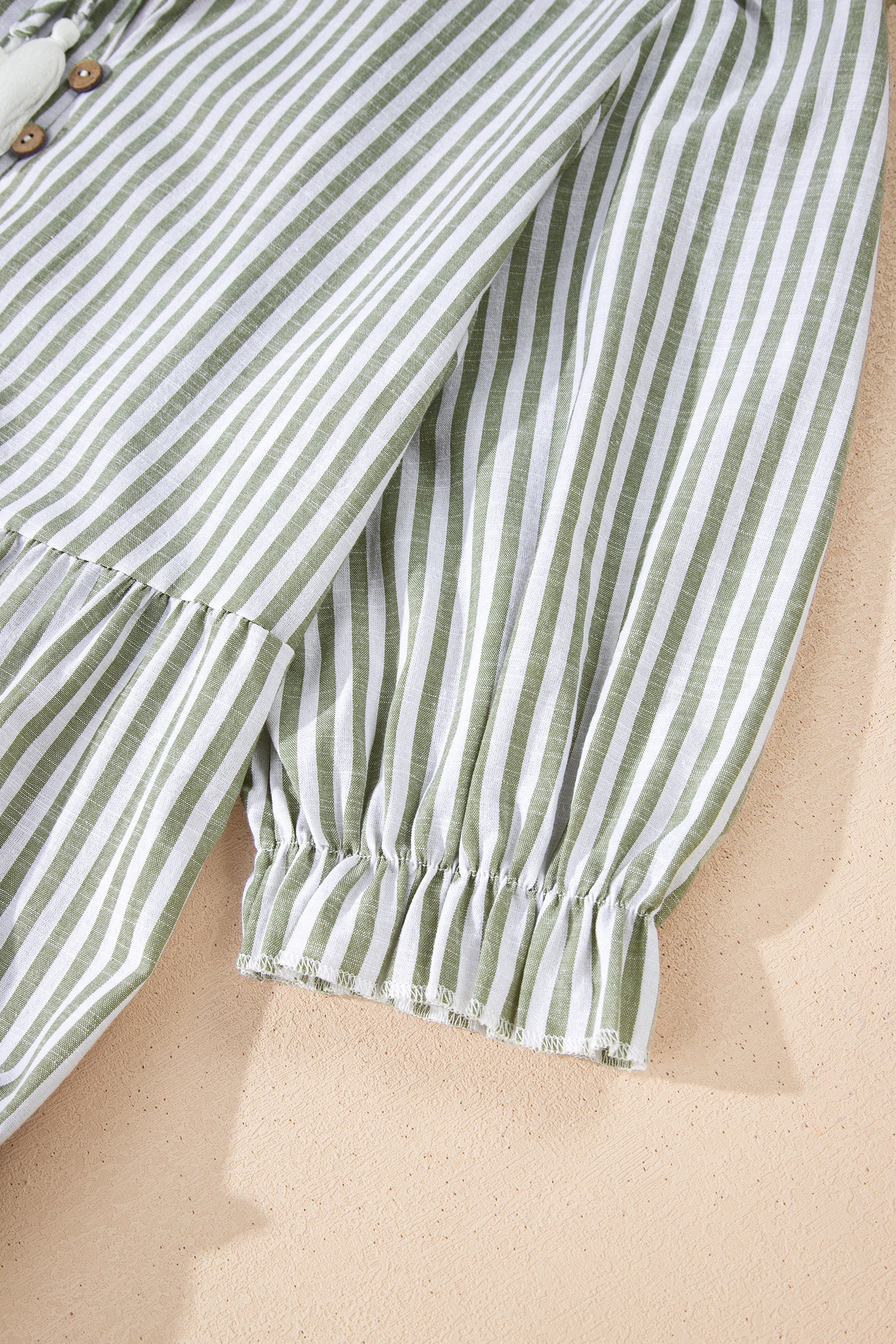 Green Stripe Tiered Dress Tasseled Tie Neck Ruffled Short Sleeve Women S-XL