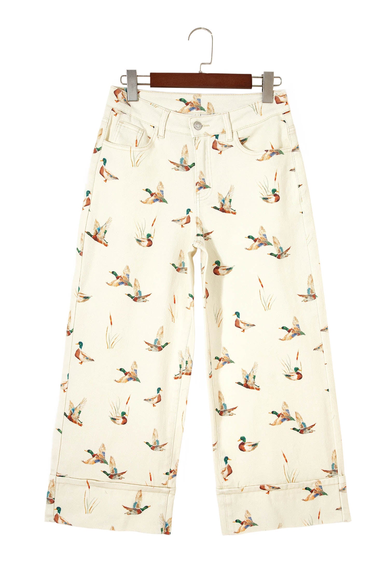 Women's Beige Mallard Print Cuffed Hem Shift Jeans Pockets Elastic UK 4-16 at LivelyLooks
