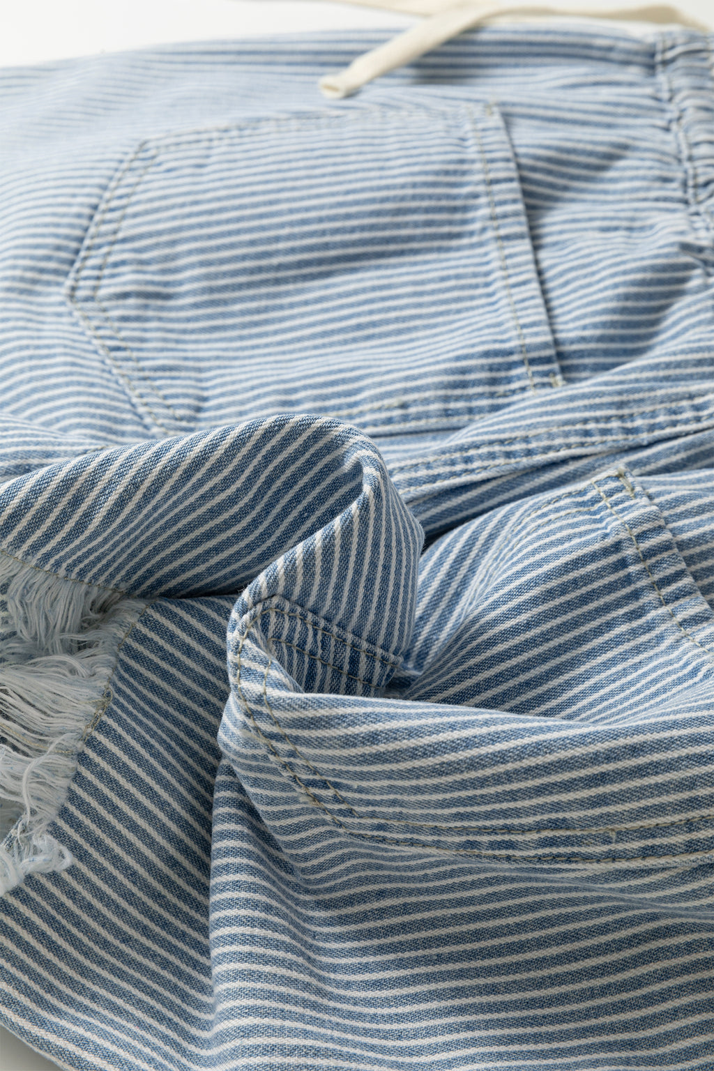 Shop Sky Blue Stripe Raw Edge Drawstring Elastic Waist Denim Shorts UK 8-20 at LivelyLooks