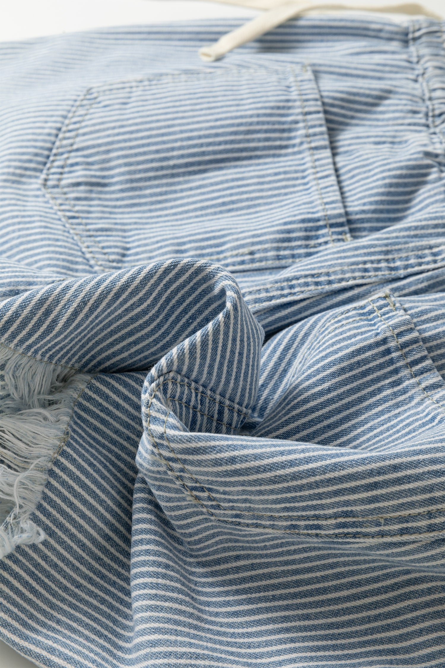 Shop Sky Blue Stripe Raw Edge Drawstring Elastic Waist Denim Shorts UK 8-20 at LivelyLooks