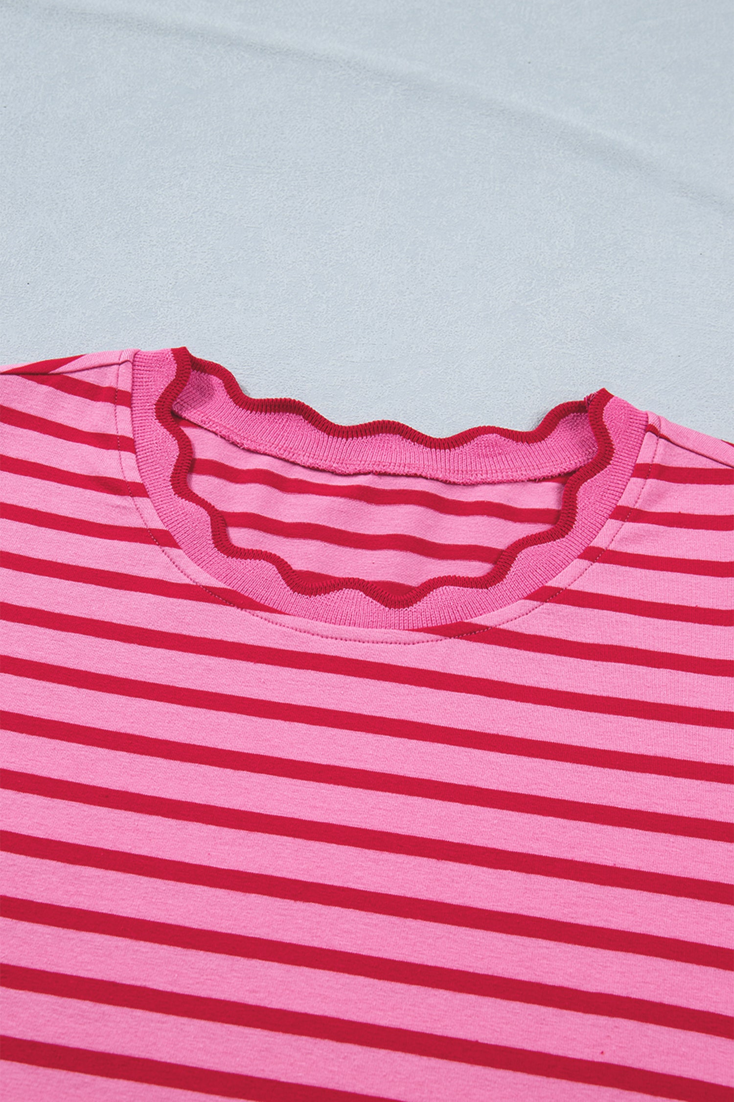 Rose Stripe Scalloped Trim Side Slit Short Sleeve T-Shirt Dress S-XL